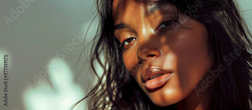 Young black african american woman glowing skin natural beauty sunlight shadows skincare wellness facial treatments summer vibe banner blank empty copy space background romance sunny summer ad makeup