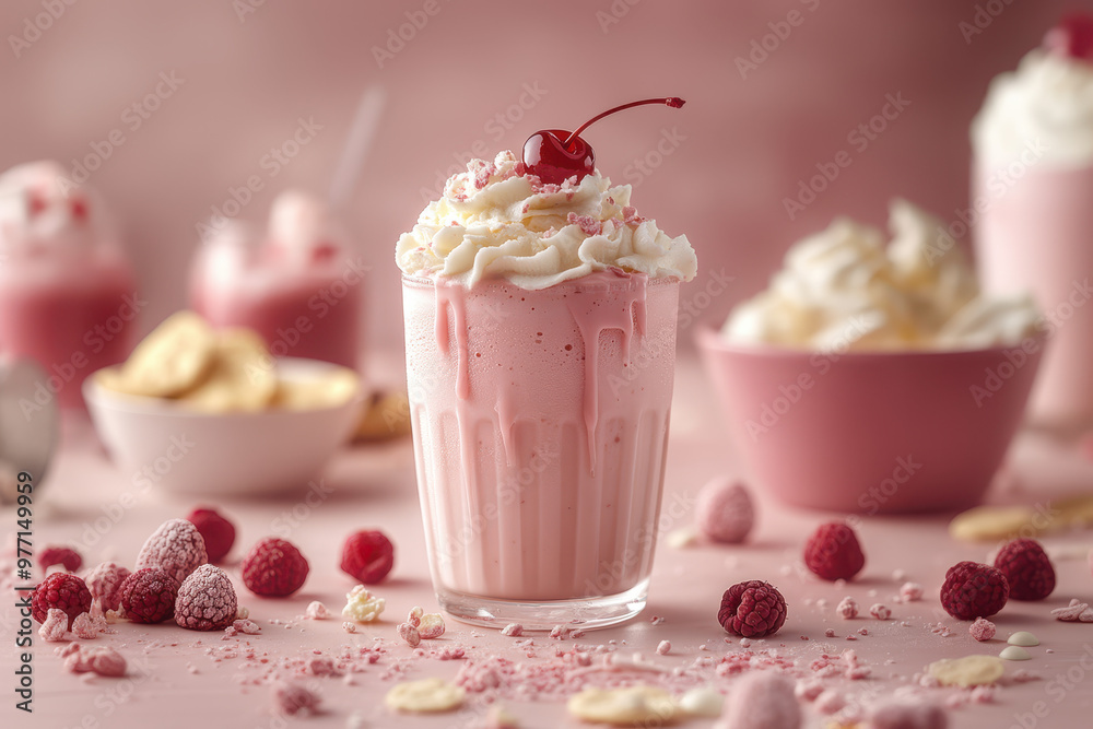 A milkshake with chocolate and a cherry on top, against a pastel background, in a front-facing, full-body shot, on a light table. A milkshake with chocolate and a cherry on top, against a pastel background, in a front-facing, full-body shot, on a light table.