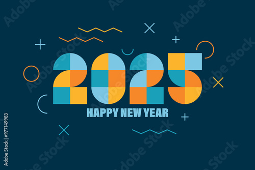 2025 modern geometric lettering New Year card.  Minimal shape design calendar header. Vector illustration
