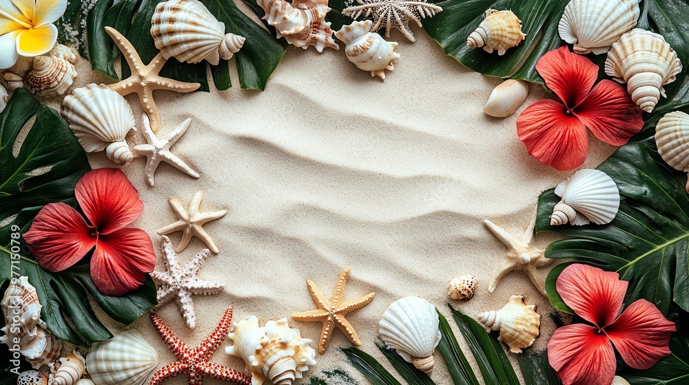 Beautiful beach composition featuring seashells, starfish, and tropical flowers arranged on sandy background. Beautiful beach composition featuring seashells, starfish, and tropical flowers arranged on sandy background.
