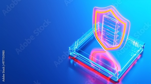 A vibrant neon shield symbolizing digital security and protection against cyber threats on a glowing background.