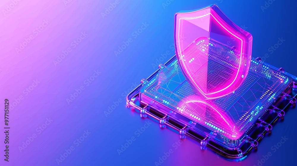 A vibrant neon shield symbolizing digital security and protection stands out against a colorful background, ideal for tech visuals. A vibrant neon shield symbolizing digital security and protection stands out against a colorful background, ideal for tech visuals.