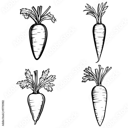 Hand-Drawn Illustrations of Fresh Carrots A Set of Four Unique Designs