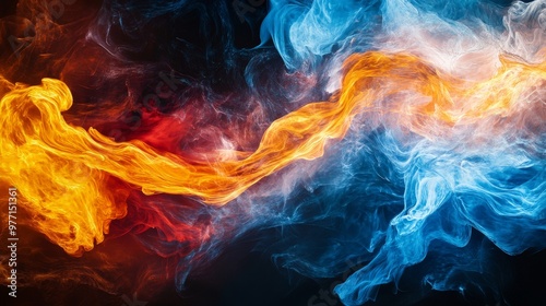 An abstract composition showing fire and water blending into one another.