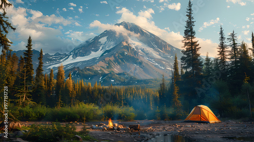 Wallpaper Mural camping tent in the forest.Summer camp with bonfire, tent, backpack . landscape with mountain, forest and campsite. Torontodigital.ca