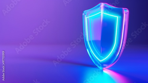 A vibrant neon shield symbolizing protection and security, set against a purple background for a modern digital aesthetic.