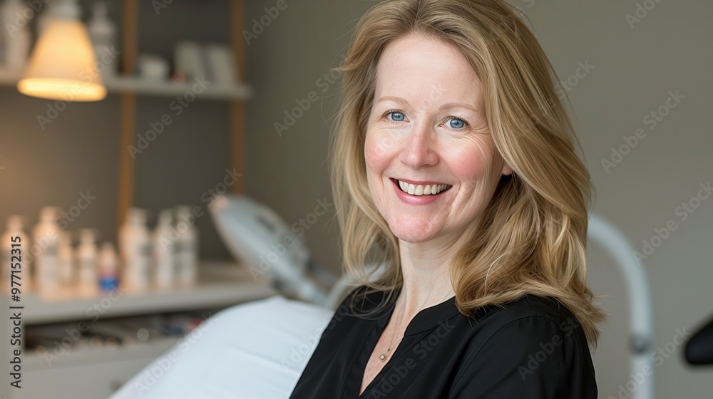 A cheerful woman in a beauty clinic, showcasing professionalism and warmth, ideal for wellness and skincare themes. A cheerful woman in a beauty clinic, showcasing professionalism and warmth, ideal for wellness and skincare themes.