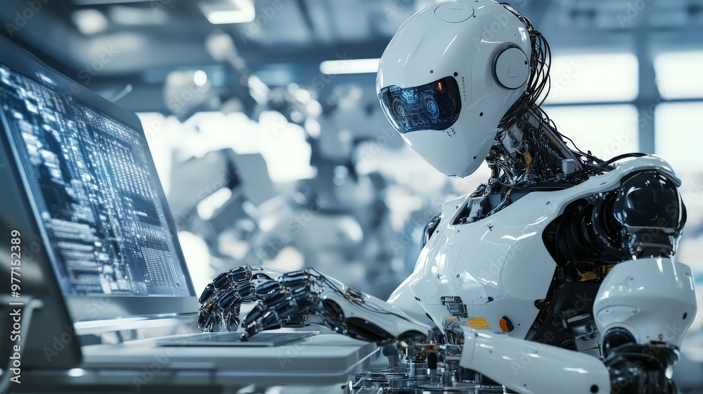 Fototapeta premium An advanced robotics lab showcasing cutting-edge robots with AI capabilities. 