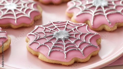 Halloween Spiderweb Iced Cookies on Pink Background
