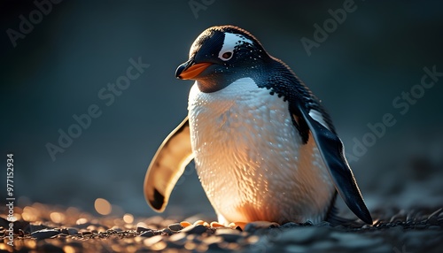 Exhausted penguin in low-key lighting captures the essence of neglect and weariness with emotive detail and soft shadows, highlighting the somber mood in a focused shot