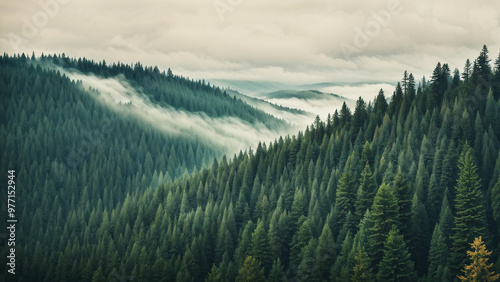 Vintage Retro Misty Forest Landscape with Fir Trees
