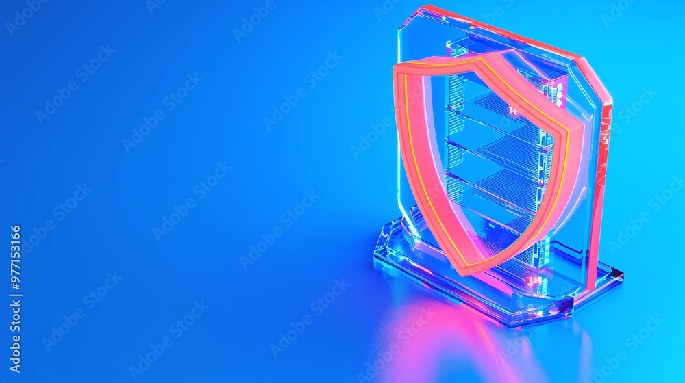 A vibrant, modern shield design representing protection and security in a digital world with a blue background. A vibrant, modern shield design representing protection and security in a digital world with a blue background.