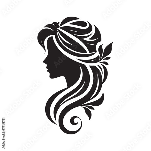 Elegant long-haired woman illustration featuring a beautiful face, stylish silhouette, and artistic floral design