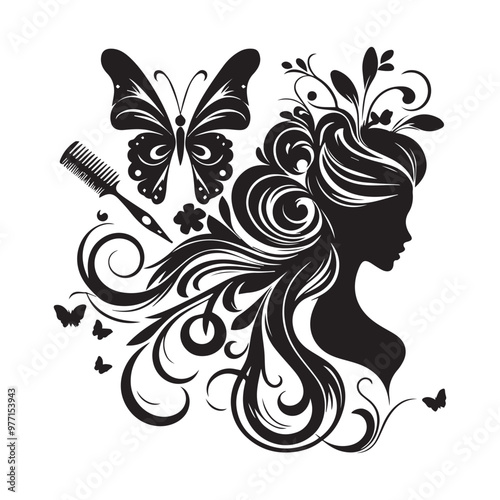 Abstract floral vector illustration with a beautiful woman's silhouette, ornate swirls, and natural leaf patterns decorating her face and hair within an elegant frame