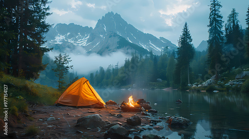 camping tent in the forest.Summer camp with bonfire, tent, backpack . landscape with mountain, forest and campsite.