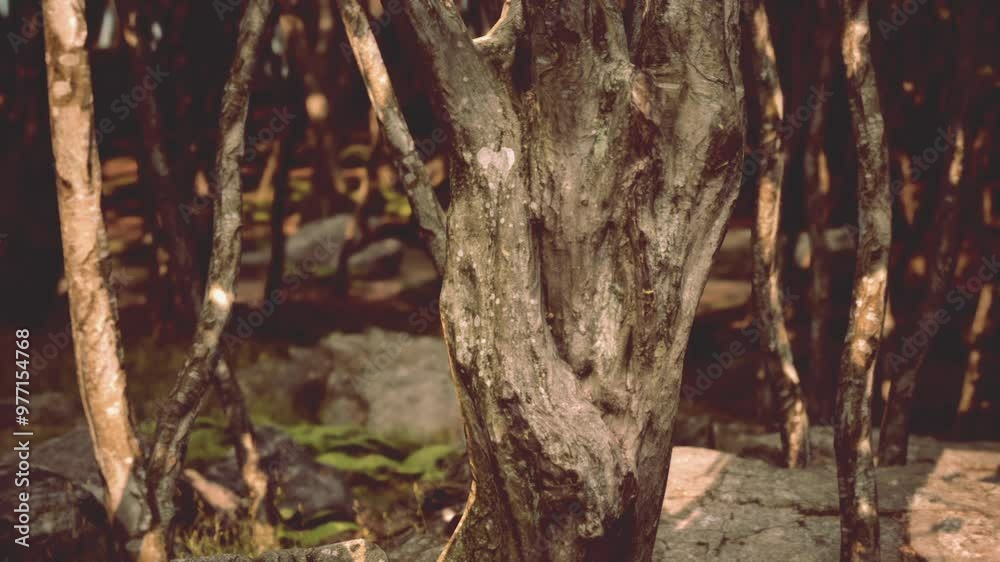 The gnarled bark of a tree stands prominently in a dense forest, illuminated by warm, late afternoon sunlight. Surrounding foliage and rocks create a serene natural atmosphere. The gnarled bark of a tree stands prominently in a dense forest, illuminated by warm, late afternoon sunlight. Surrounding foliage and rocks create a serene natural atmosphere.