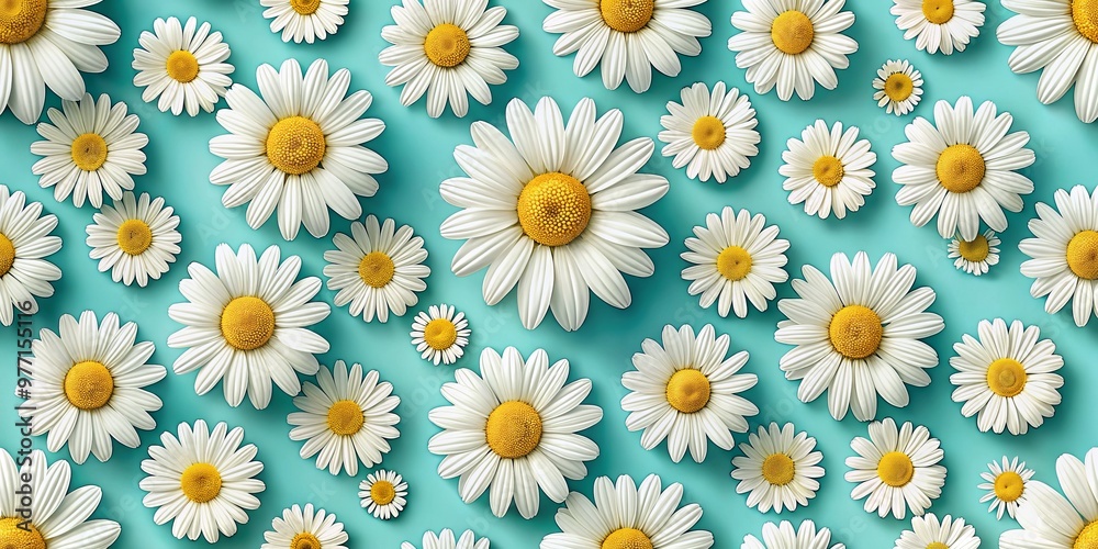 White and yellow daisy flowers form a seamless web, their patterns and colors merging on a bold yellow White and yellow daisy flowers form a seamless web, their patterns and colors merging on a bold yellow