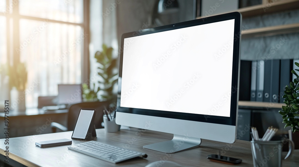 Fototapeta premium Modern workspace with blank computer screen, minimalistic decor, and natural light in office setting