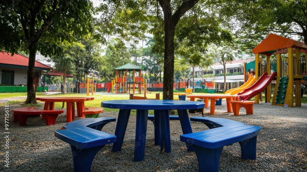 Colorful Playground with Picnic Tables Colorful Playground with Picnic Tables