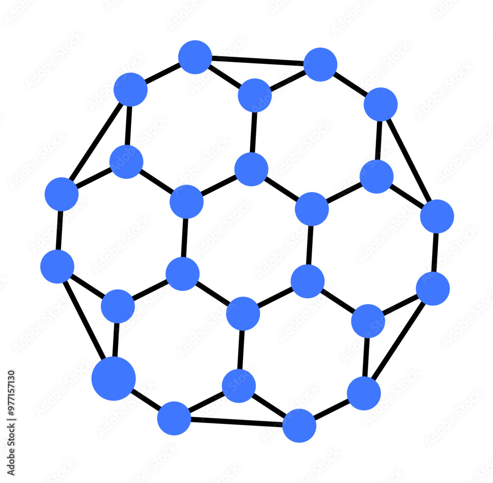 The image shows a geometric structure resembling a sphere, made up of blue dots connected by black lines. This represents molecular structures, chemistry, physics, and network connectivity themes. The image shows a geometric structure resembling a sphere, made up of blue dots connected by black lines. This represents molecular structures, chemistry, physics, and network connectivity themes.