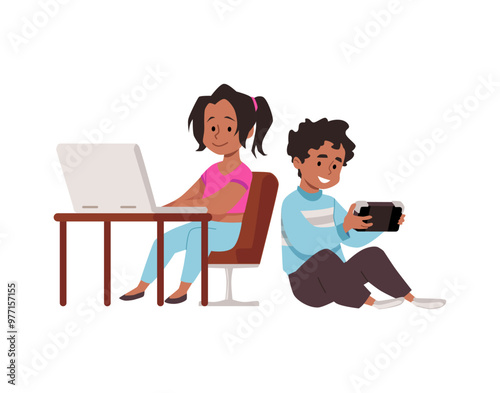 Happy children playing computer games online.