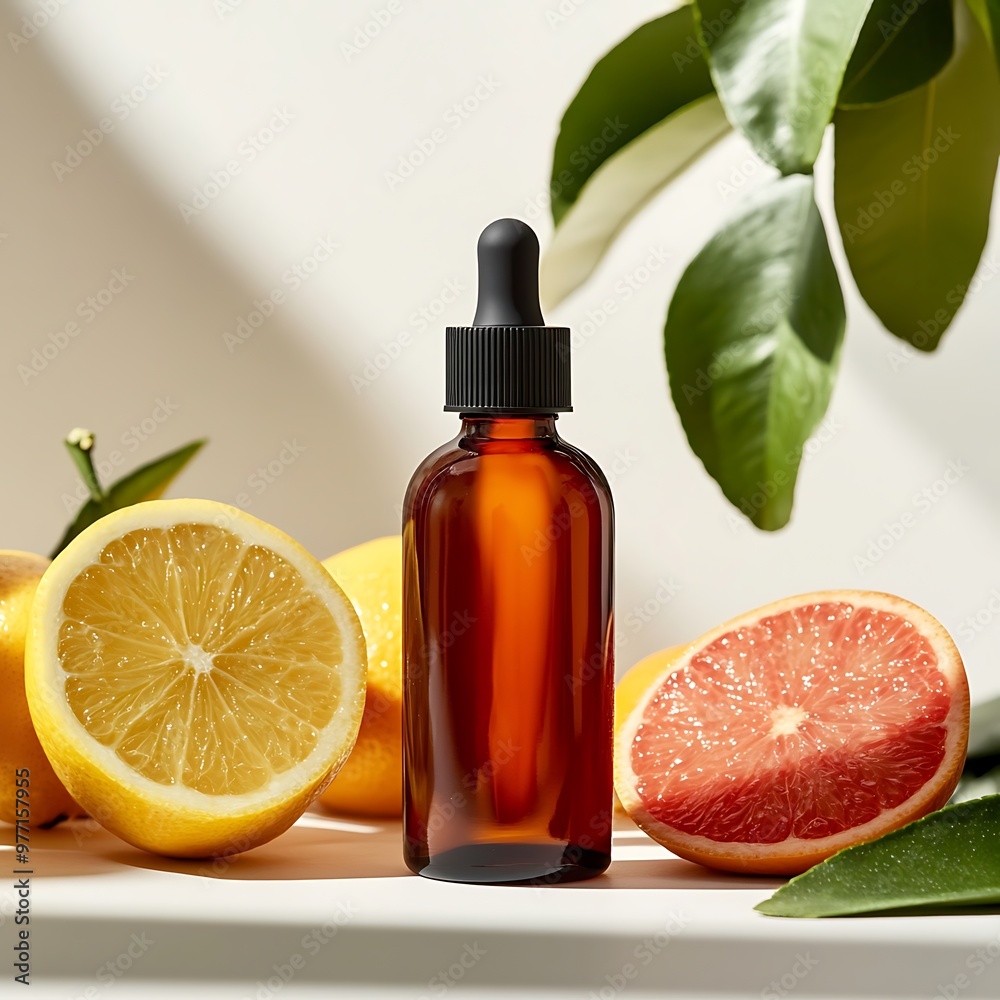 Citrus Essential Oil Bottle with Lemons and Grapefruit Slices.