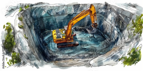 Yellow excavator heavy machinery at work in large dig site, construction project architectural sketch banner