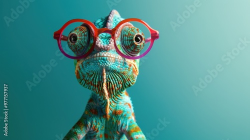 Chameleon wearing round red glasses, staring directly at the camera with its bulging eyes