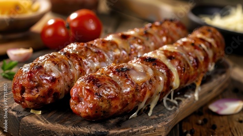 Two grilled sausages with melted cheese on a wooden board, accompanied by tomatoes, garlic, and herbs