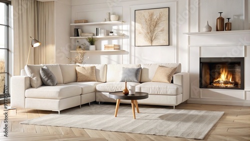 modern living room with fireplace, modern living room, living room interior, Simple living room in a modern farmhouse with little decoration Brown leather sofa and armchairs with a gas fireplace with 