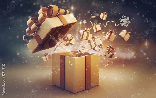 Generative-AI, Boxing Day Gift Box Explosion with Festive Sparkles and Ribbons photo