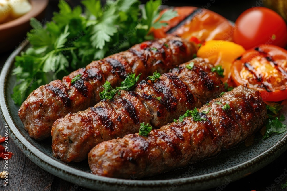 plate of cevapi grilled vegetables, showcasing traditional balkan cuisine, illustrated in concept banner plate of cevapi grilled vegetables, showcasing traditional balkan cuisine, illustrated in concept banner