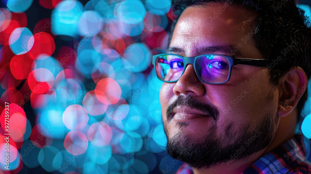A man wearing glasses and a plaid shirt smiles against a backdrop of bright blue and red lights, creating a vibrant and lively nighttime atmosphere A man wearing glasses and a plaid shirt smiles against a backdrop of bright blue and red lights, creating a vibrant and lively nighttime atmosphere