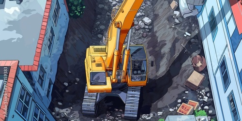 Yellow excavator working between buildings on construction site city environment, illustration