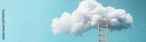 A ladder leaning against a fluffy white cloud in a clear blue sky, symbolizing dreams, aspiration, and achieving goals or success. photo