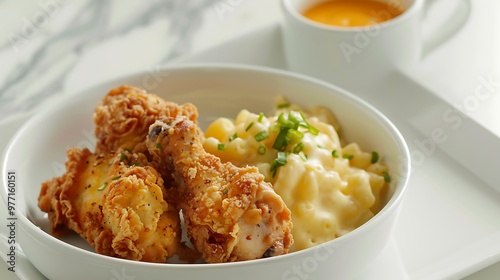 Macaroni and cheese paired with fried chicken hot tea and potato mash with sauces