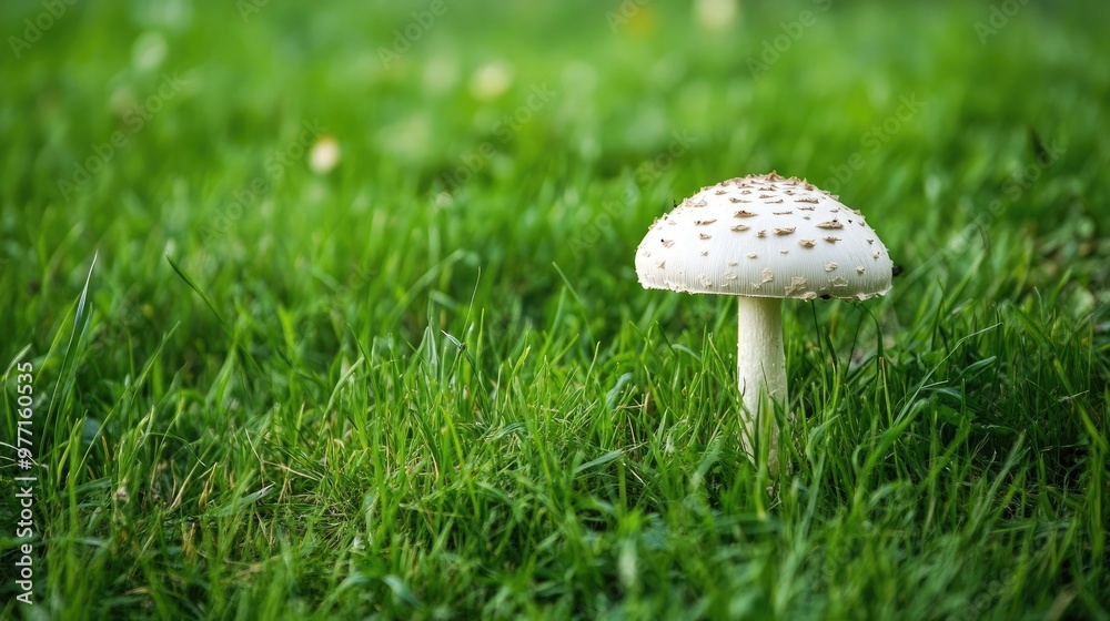 A lone mushroom growing amidst green grass in a field, its simplicity and natural beauty taking center stage in this serene outdoor scene A lone mushroom growing amidst green grass in a field, its simplicity and natural beauty taking center stage in this serene outdoor scene