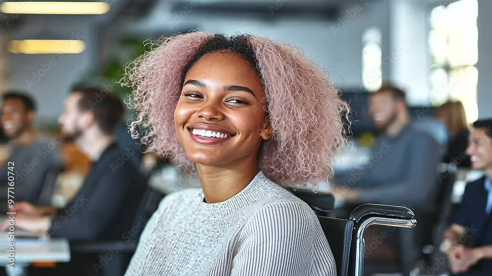 candid moment of a smiling black African American woman with pink afro hair, who is wheelchair-bound, engaging with colleagues in a diverse and inclusive LGBTQ+ positive office, em