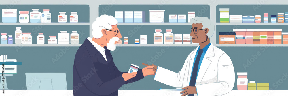 An elderly man consults with a pharmacist about his medication in a well-stocked pharmacy, creating a friendly and informative atmosphere An elderly man consults with a pharmacist about his medication in a well-stocked pharmacy, creating a friendly and informative atmosphere