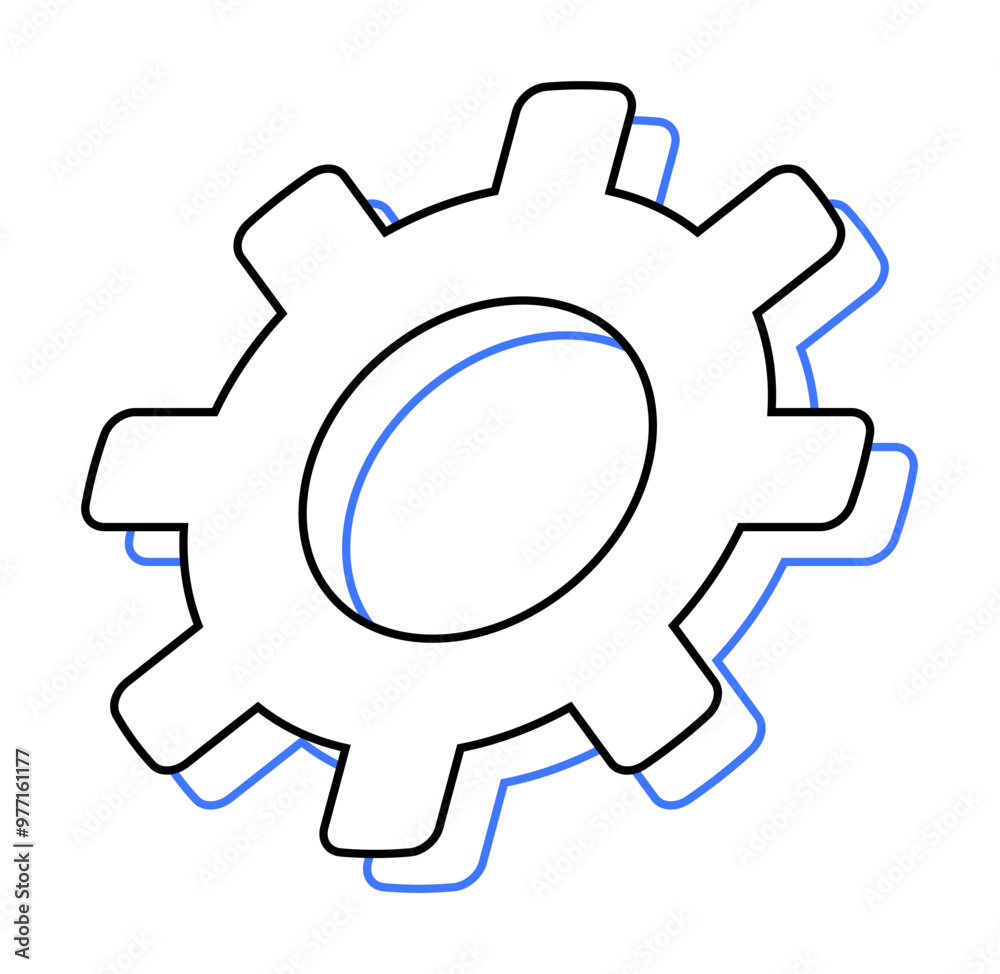 Black and white gear with a blue outline signifies mechanics and configuration. Ideal for technical, engineering, machinery, settings, and interface themes. Simple, line art style. Black and white gear with a blue outline signifies mechanics and configuration. Ideal for technical, engineering, machinery, settings, and interface themes. Simple, line art style.