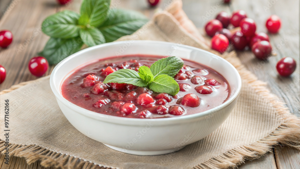 Delicious cranberry sauce served in a white bowl garnished with mint leaves on a wooden table Delicious cranberry sauce served in a white bowl garnished with mint leaves on a wooden table