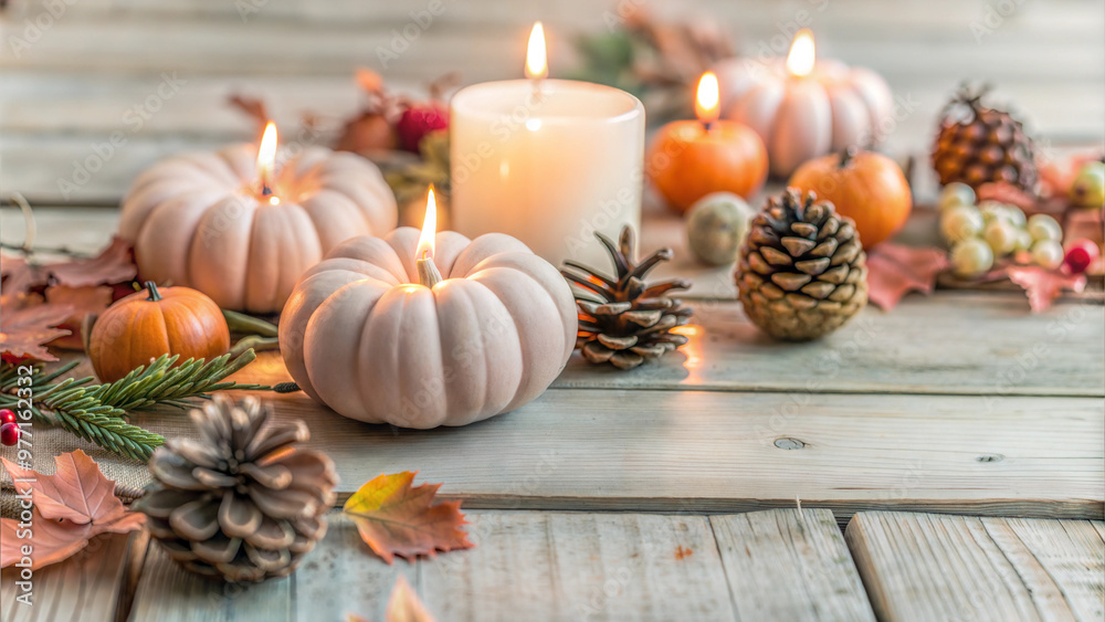Autumn-themed table arrangement with lit pumpkins, candles, pinecones, and colorful leaves