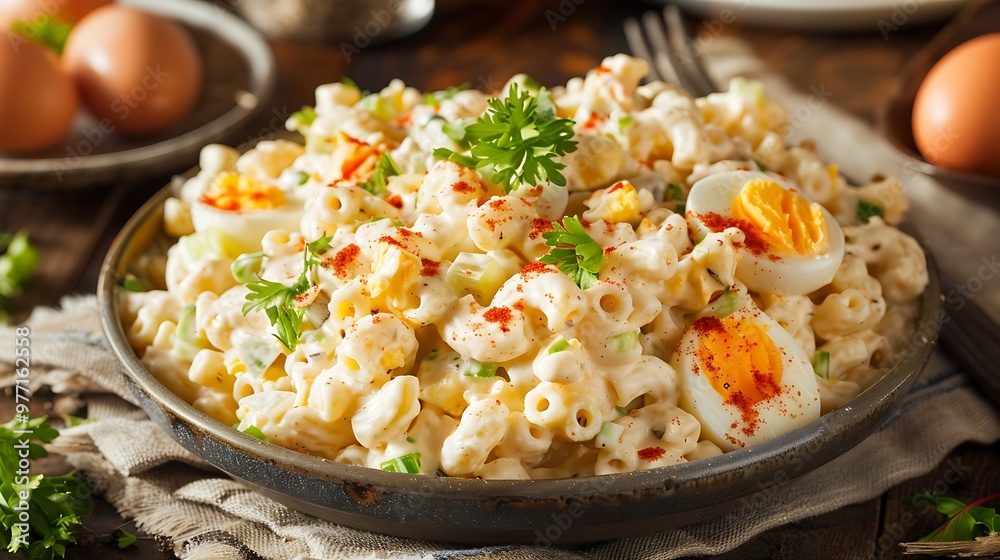Macaroni salad with deviled eggs in a serving dish Macaroni salad with deviled eggs in a serving dish