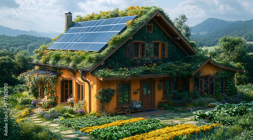 “A Beautiful Green-Roofed Cottage with Lush Vegetation and Colorful Flowers”
