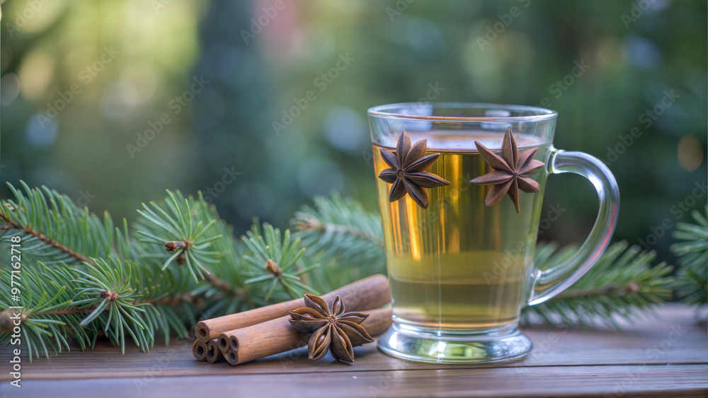 Glass of herbal tea garnished with star anise and cinnamon sticks on a wooden table with greenery Glass of herbal tea garnished with star anise and cinnamon sticks on a wooden table with greenery