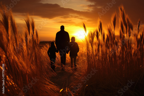 A father and two children stroll together through a wheat field, enjoying the warm colors of a sunset casting silhouettes against the horizon photo