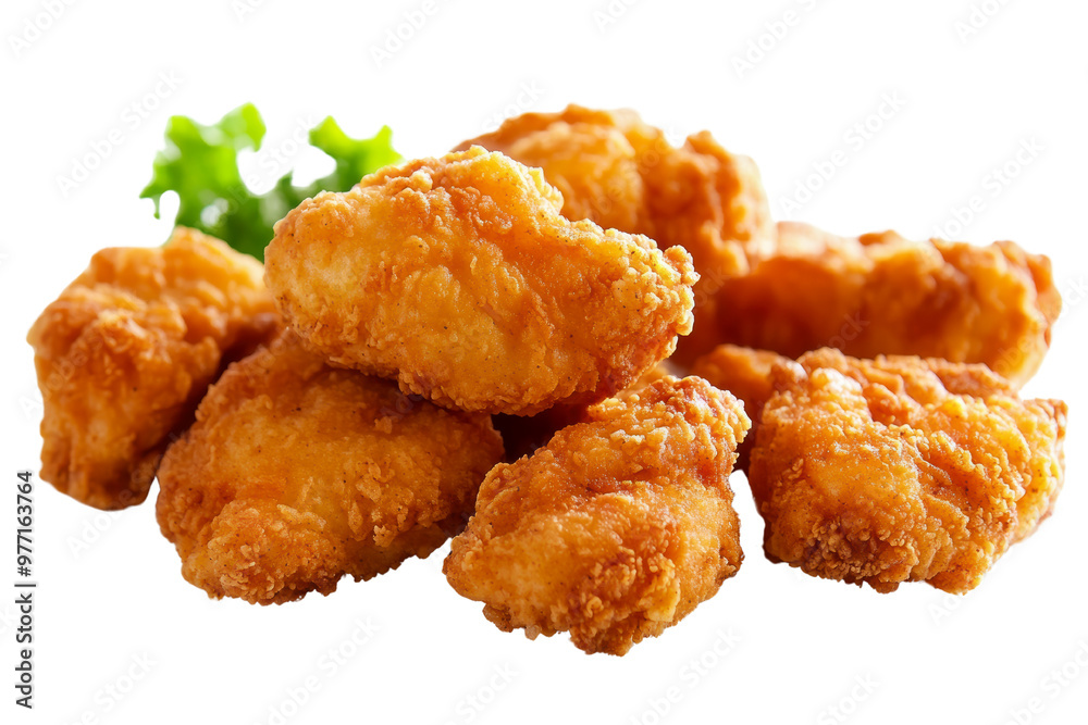 Crispy, golden-brown fried chicken nuggets served with a fresh green garnish, perfect for snacking or as part of a meal Crispy, golden-brown fried chicken nuggets served with a fresh green garnish, perfect for snacking or as part of a meal