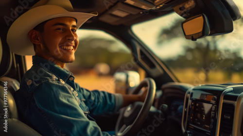 A cheerful cowboy wearing a hat, enjoying the ride as he drives his sleek, modern truck