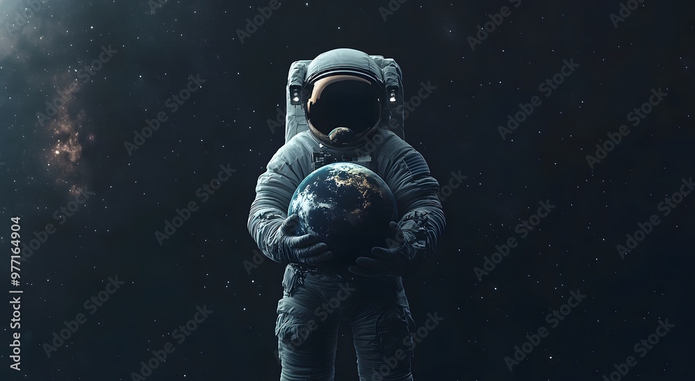 Astronaut in space suit holding earth on dark background. Space exploration concept, an astronaut with earth in hand. Figure of an astronaut against the sky. 3D sci-fi art. Astronaut in space suit holding earth on dark background. Space exploration concept, an astronaut with earth in hand. Figure of an astronaut against the sky. 3D sci-fi art.