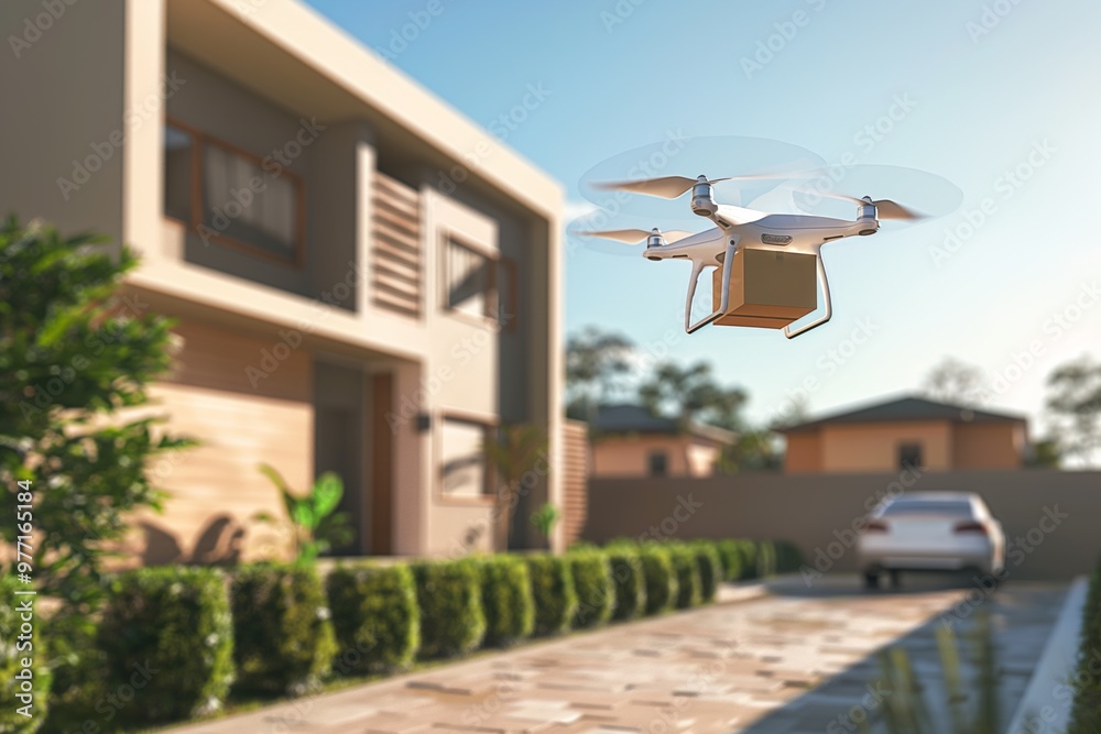 Obraz premium An innovative drone delivering a parcel, equipped with remote control and aerial technology.